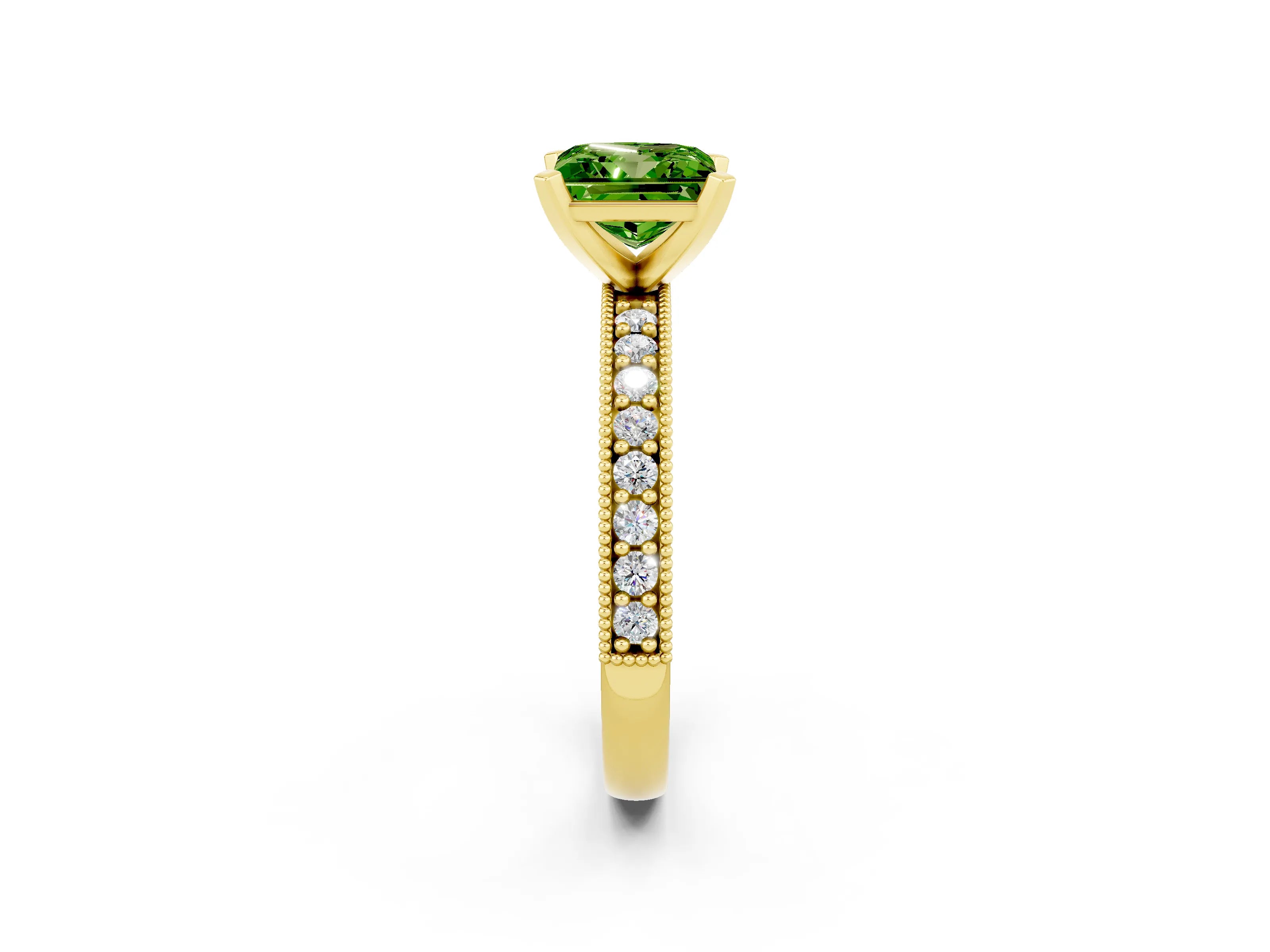 Yellow gold Princess Cut Peridot Milgrain Pavé Engagement Ring with Four-Prong Setting_14