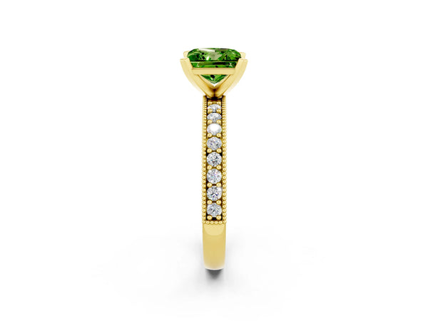 Yellow gold Princess Cut Peridot Milgrain Pavé Engagement Ring with Four-Prong Setting