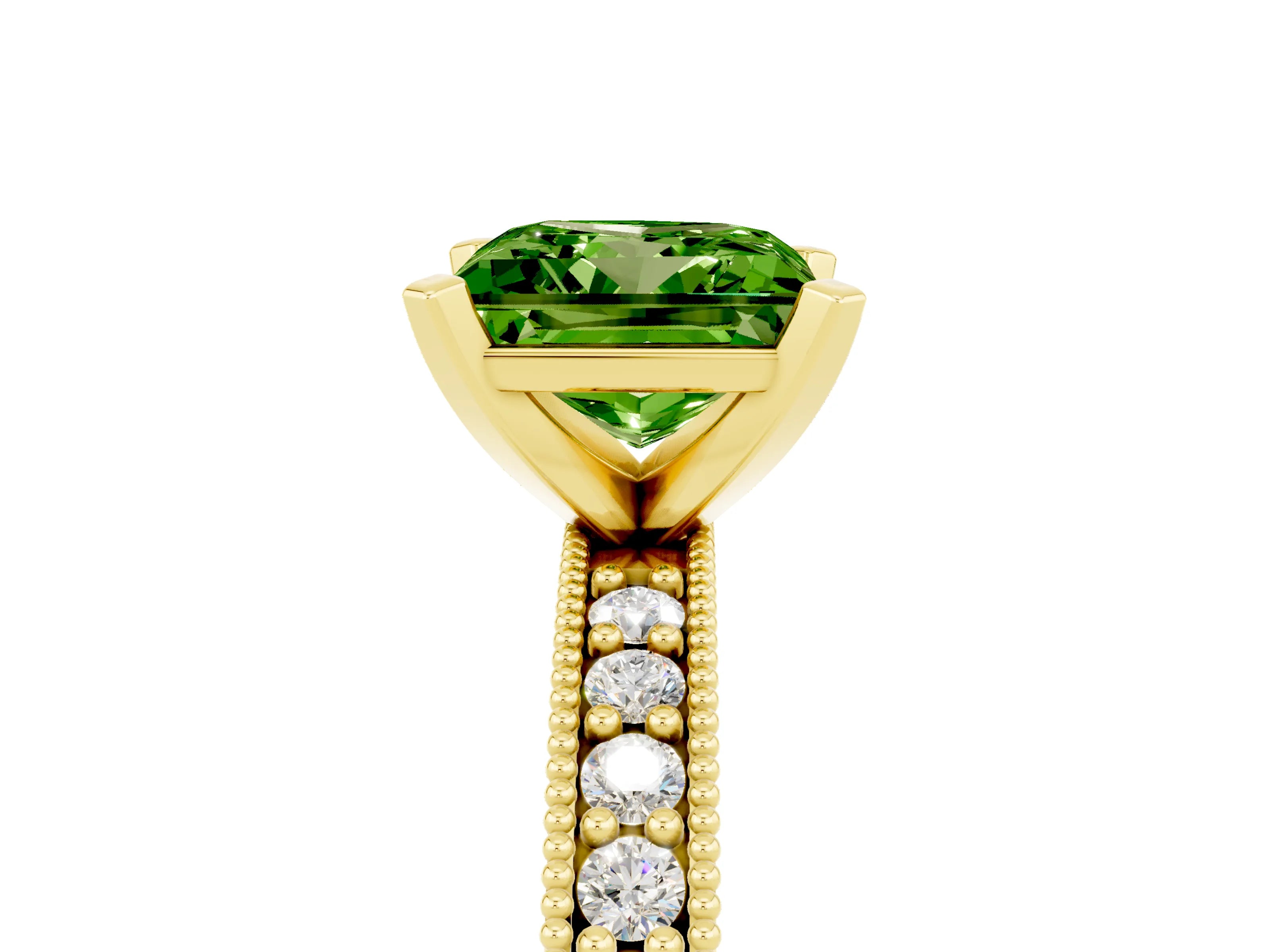 Yellow gold Princess Cut Peridot Milgrain Pavé Engagement Ring with Four-Prong Setting_17