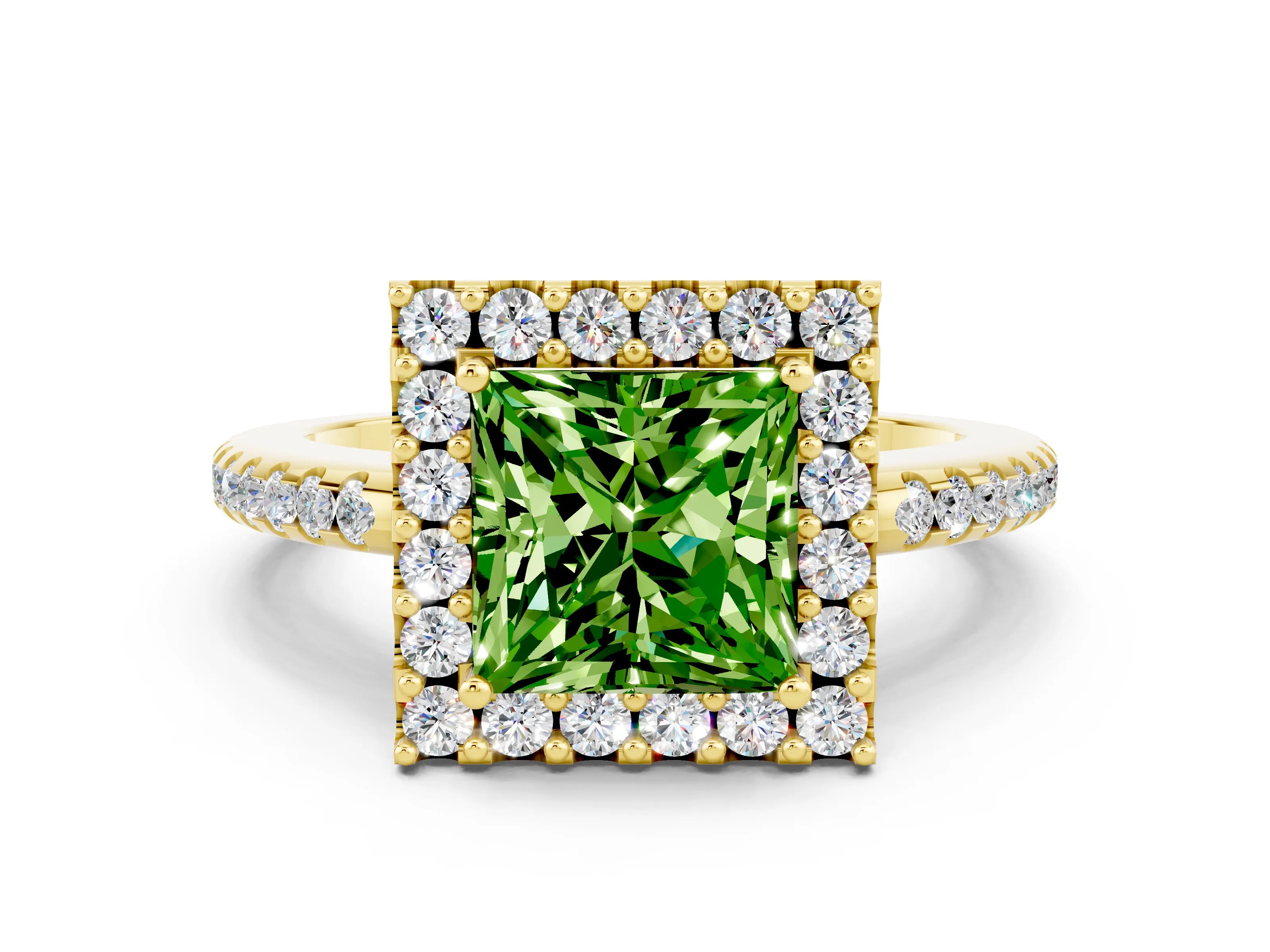 Yellow gold Princess Cut Peridot Pavé Halo Ring with Four-Prong Setting_24