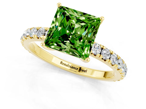 Yellow gold Princess Cut Peridot Pavé Solitaire Engagement Ring with Four-Prong Setting_13