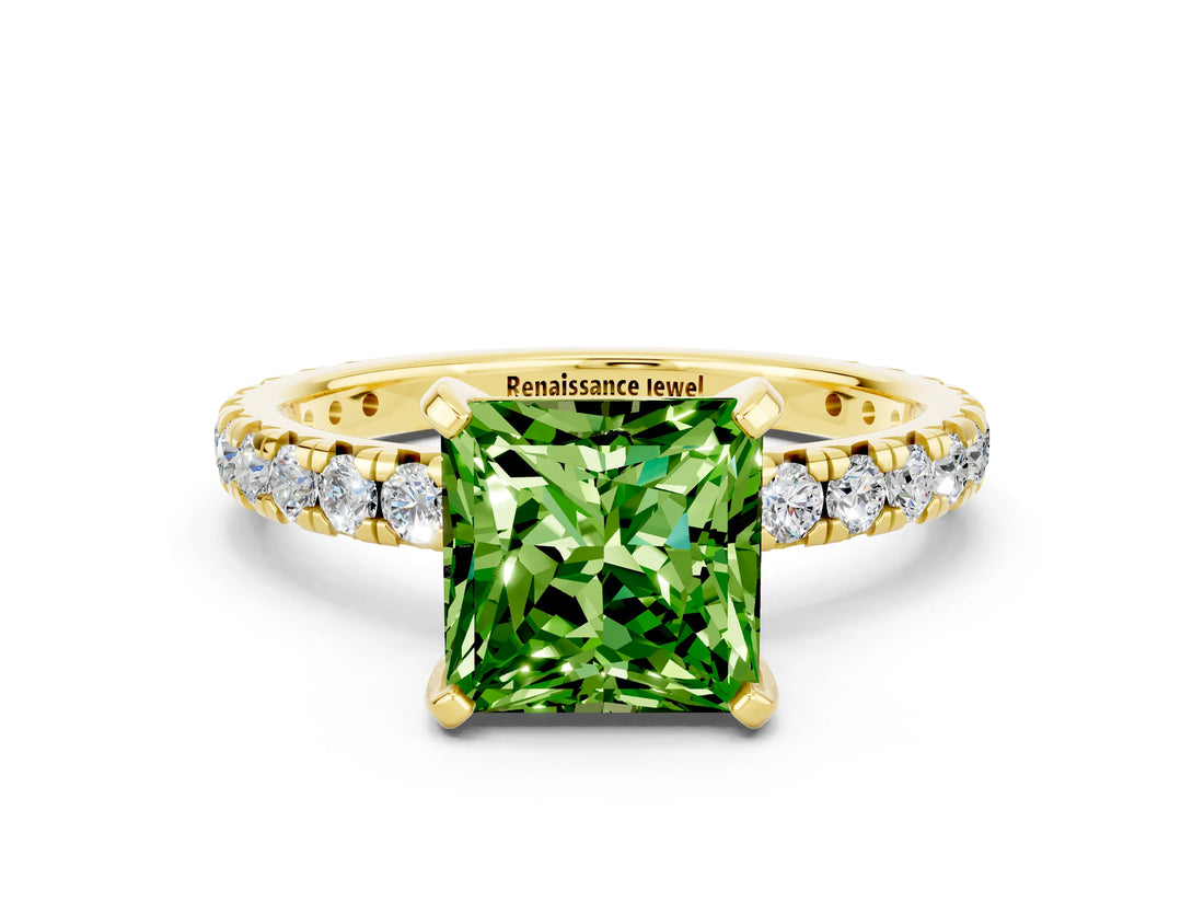 Yellow gold Princess Cut Peridot Pavé Solitaire Ring with Round Band and Prong Setting_24