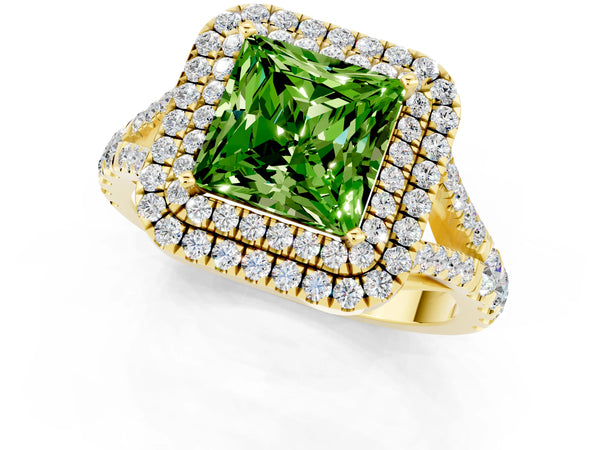 Yellow gold Princess Cut Peridot Pavé Split Shank Double Halo Engagement Ring