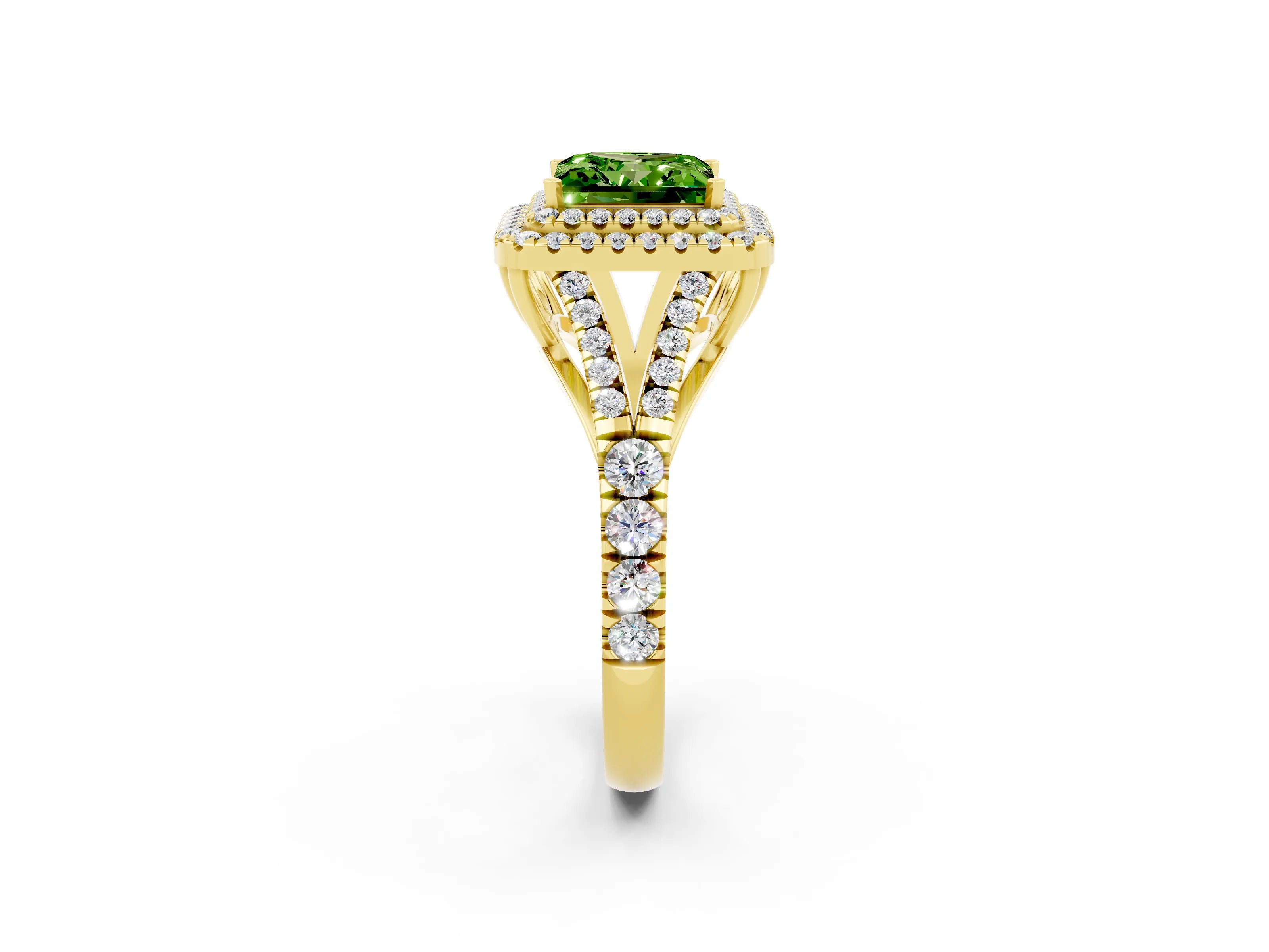 Yellow gold Princess Cut Peridot Pavé Split Shank Double Halo Engagement Ring_2