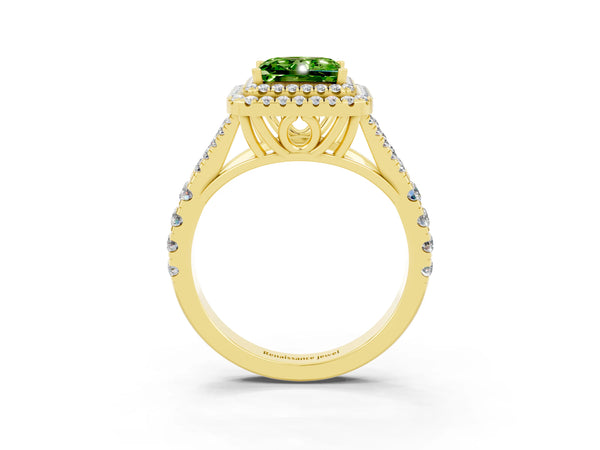 Yellow gold Princess Cut Peridot Pavé Split Shank Double Halo Engagement Ring