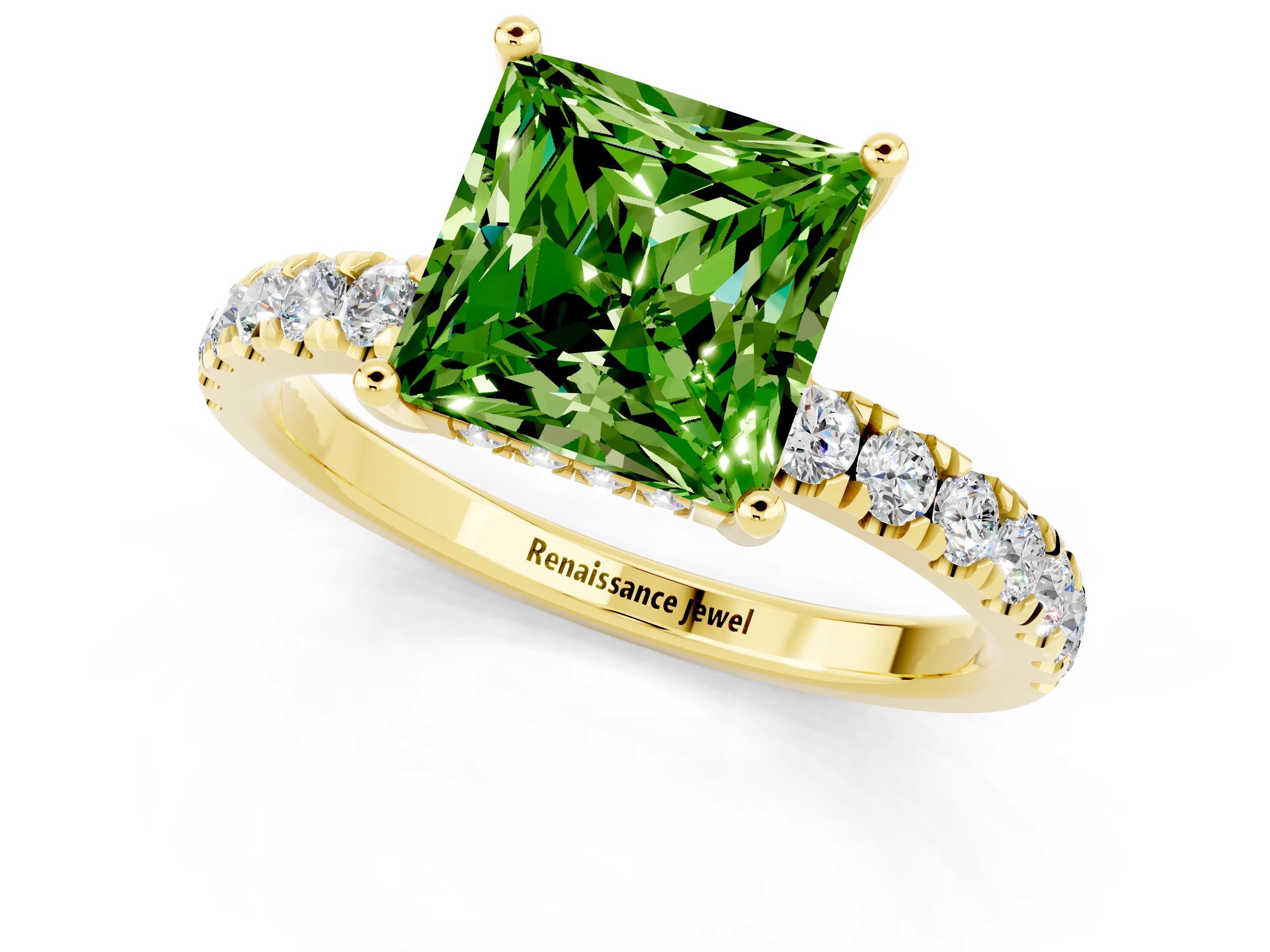 Yellow gold Princess Cut Peridot Pave Band Solitaire Ring with Four-Prong Setting_25
