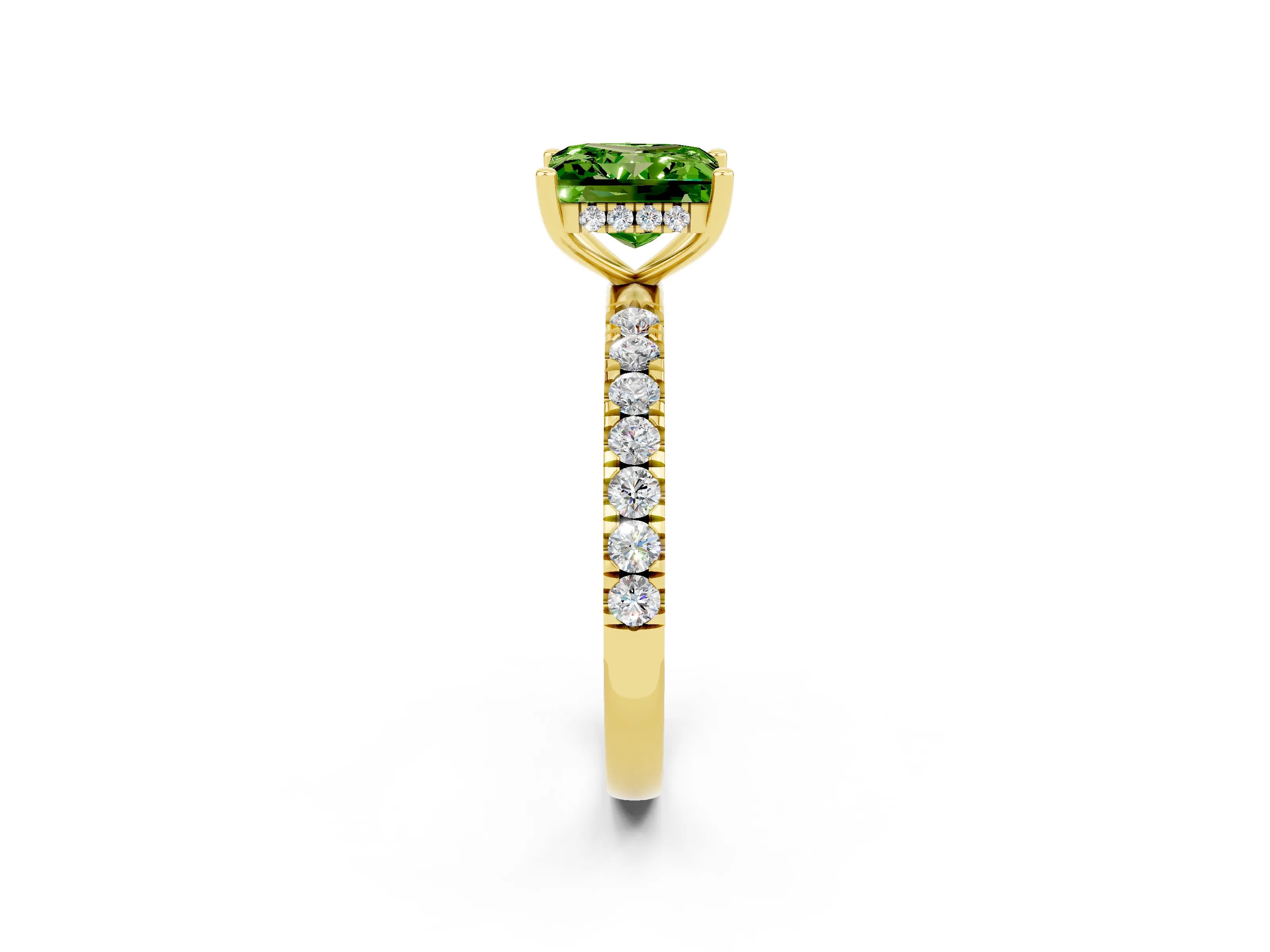 Yellow gold Princess Cut Peridot Pave Band Solitaire Ring with Four-Prong Setting_26