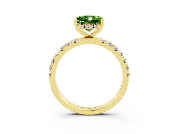 Yellow gold Princess Cut Peridot Pave Band Solitaire Ring with Round  and Prong Setting