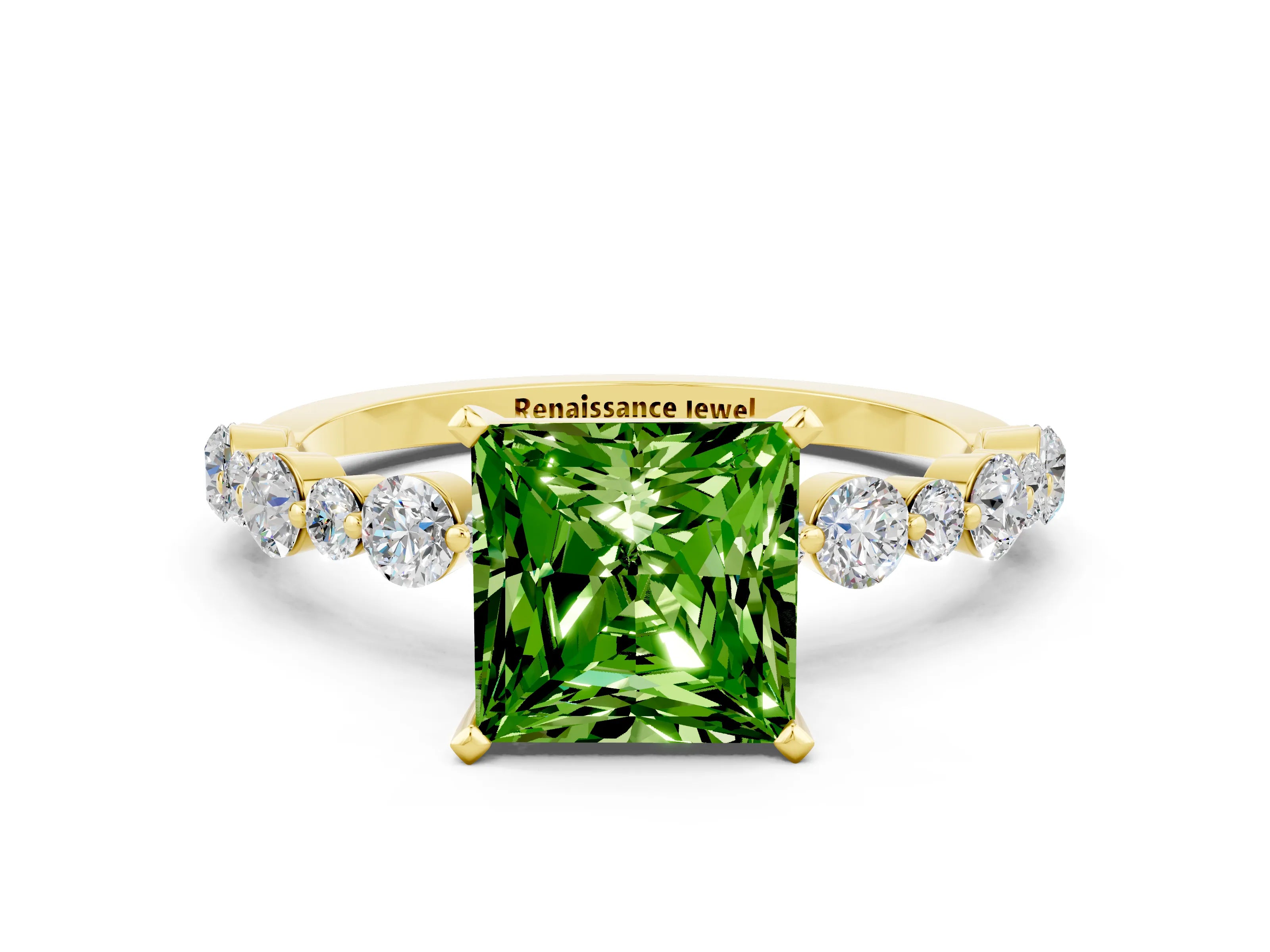 Yellow gold Princess Cut Peridot Prong Set Engagement Ring with Pavé Band