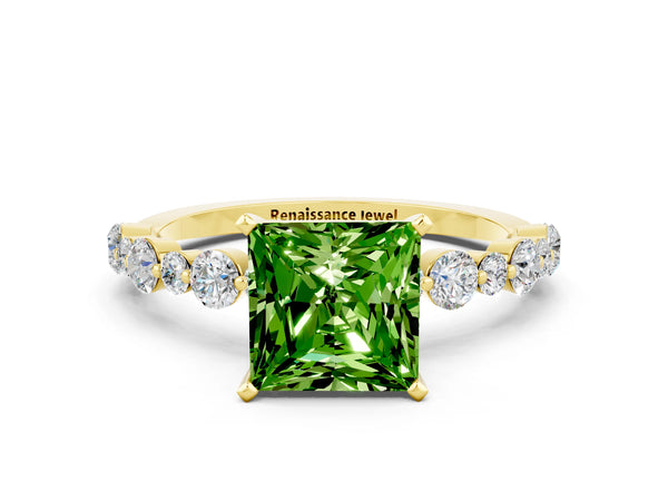 Yellow gold Princess Cut Peridot Prong Set Engagement Ring with Pavé Band