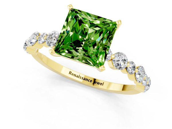 Yellow gold Princess Cut Peridot Prong Set Engagement Ring with Pavé Band