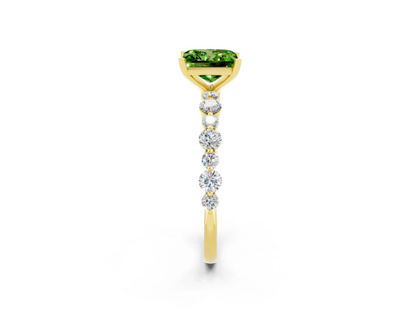 Yellow gold Princess Cut Peridot Prong Set Engagement Ring with Pavé Band