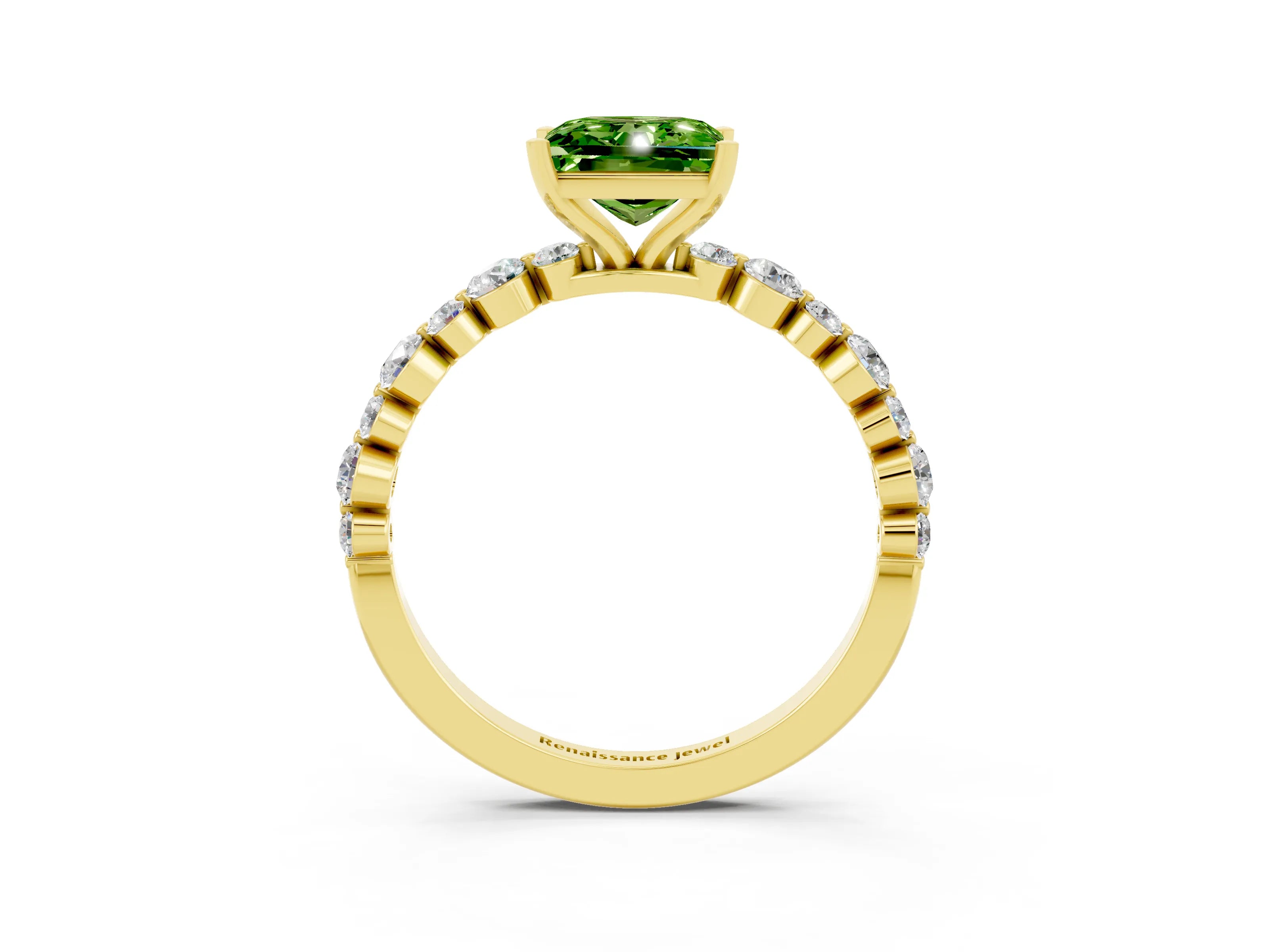Yellow gold Princess Cut Peridot Prong Set Engagement Ring with Pavé Band_3