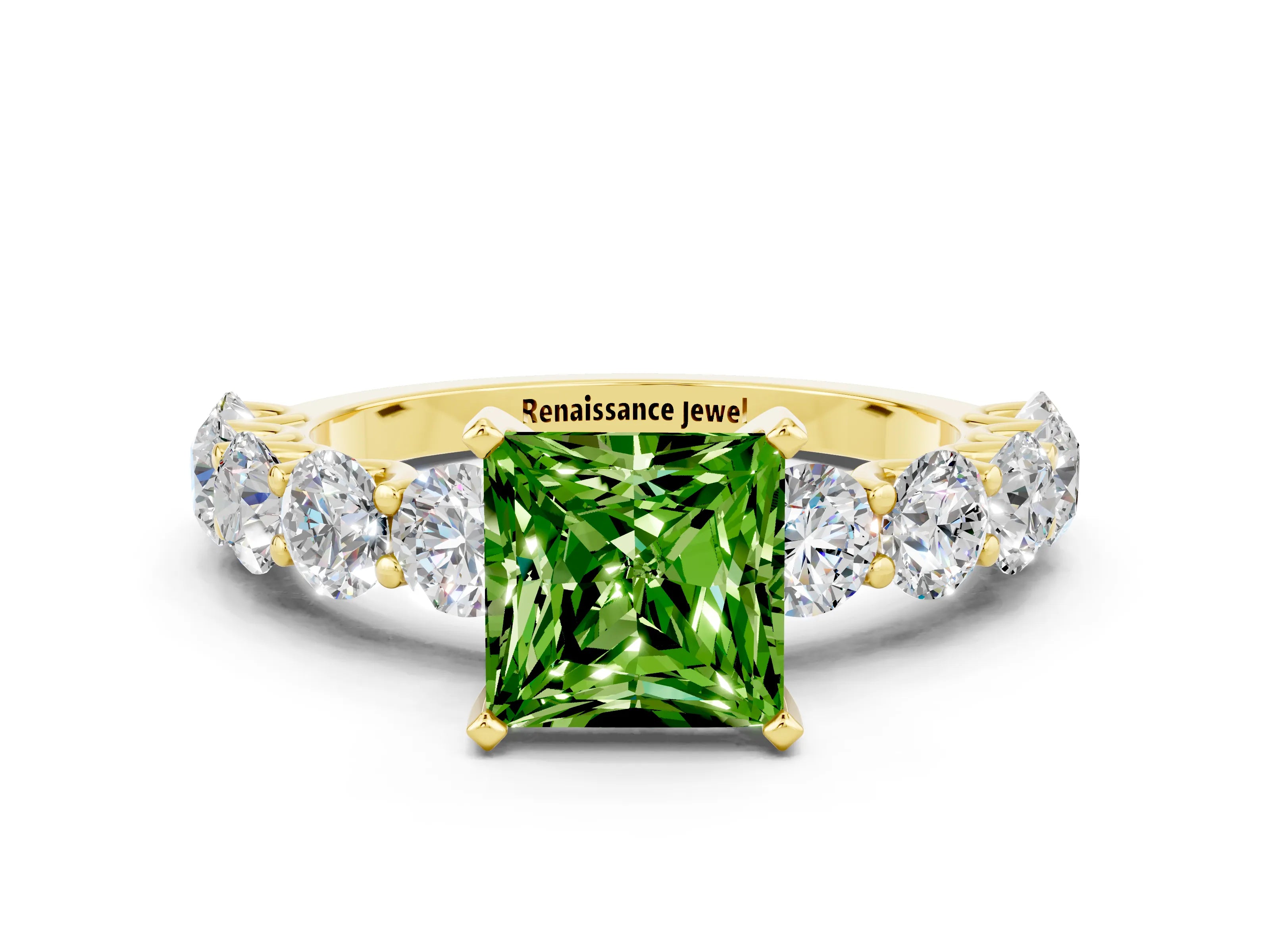 Yellow gold Princess Cut Peridot Prong Setting with Side Stones on a Pave Band
