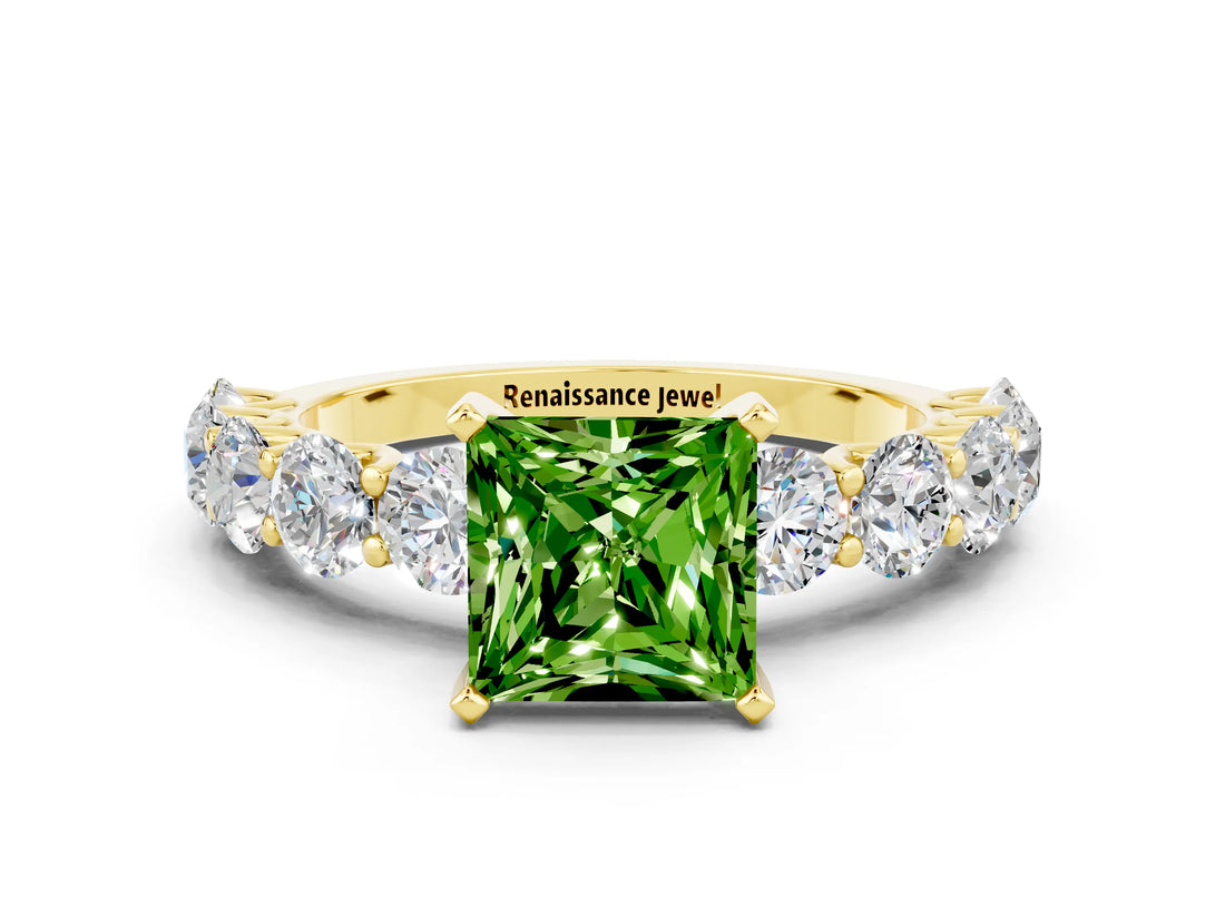 Yellow gold Princess Cut Peridot Prong Setting with Side Stones on a Pave Band