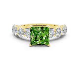 Yellow gold Princess Cut Peridot Prong Setting with Side Stones on a Pave Band