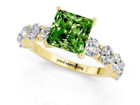 Yellow gold Princess Cut Peridot Prong Setting with Side Stones on a Pave Band_1