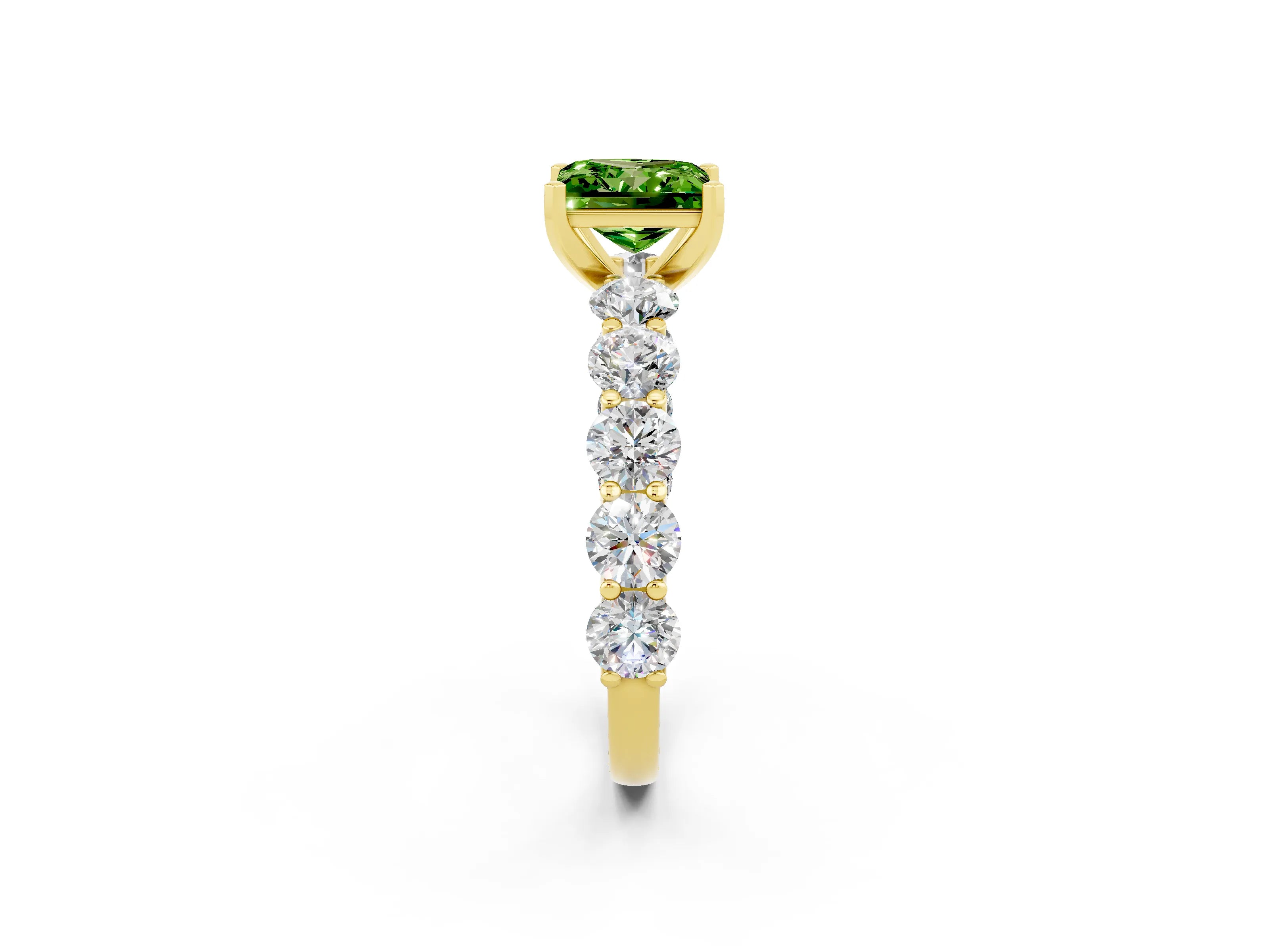 Yellow gold Princess Cut Peridot Prong Setting with Side Stones on a Pave Band_2