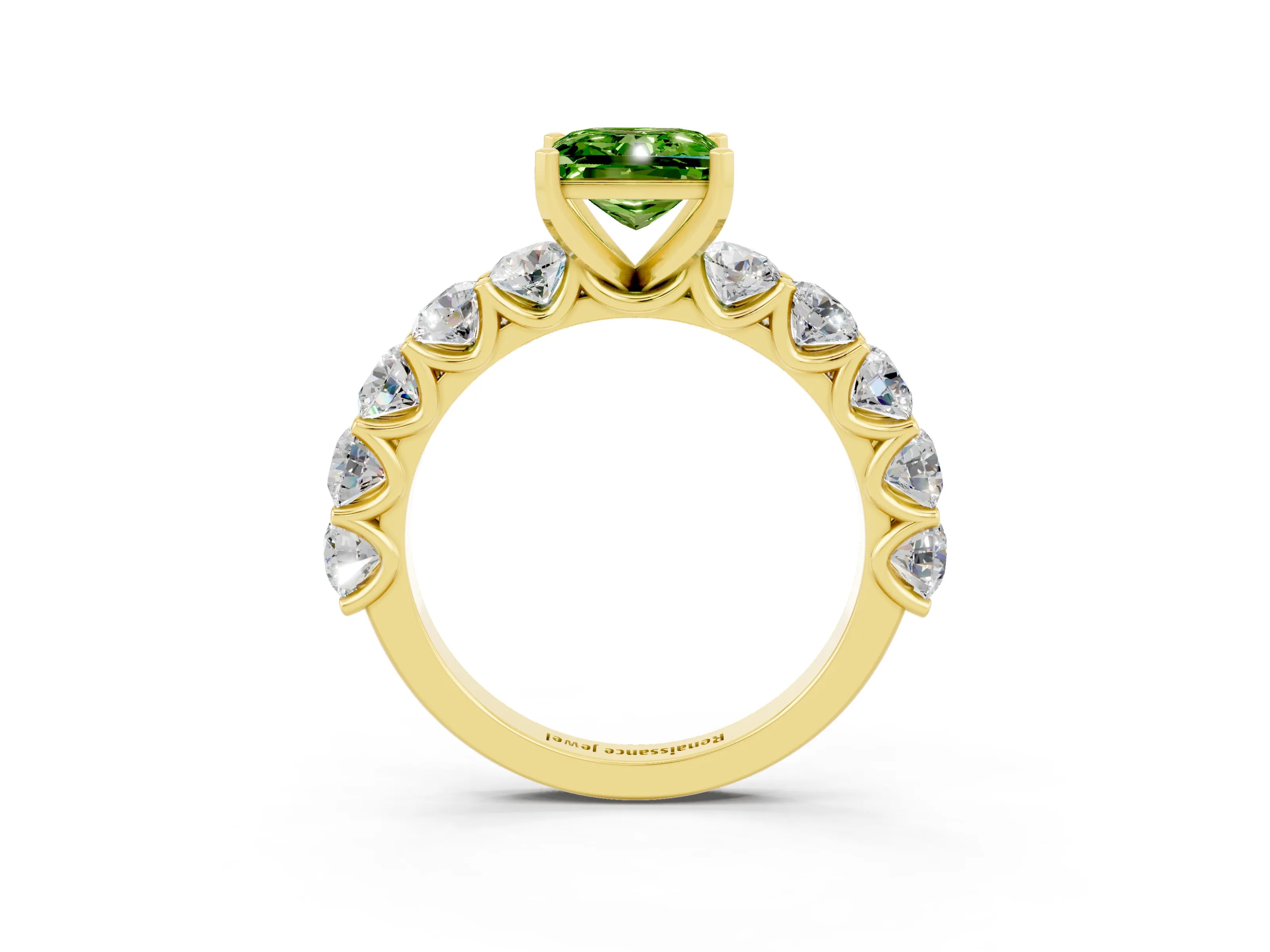 Yellow gold Princess Cut Peridot Prong Setting with Side Stones on a Pave Band_3