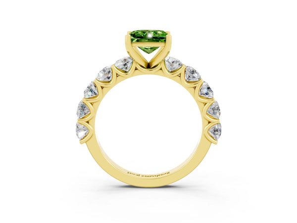 Yellow gold Princess Cut Peridot Prong Setting with Side Stones on a Pave Band