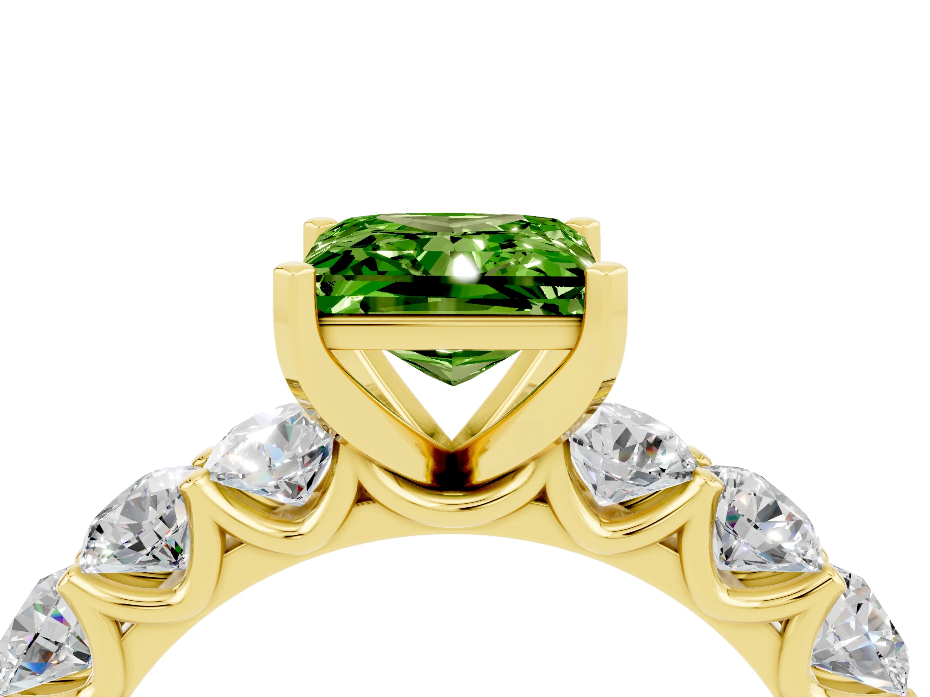 Yellow gold Princess Cut Peridot Prong Setting with Side Stones on a Pave Band_4