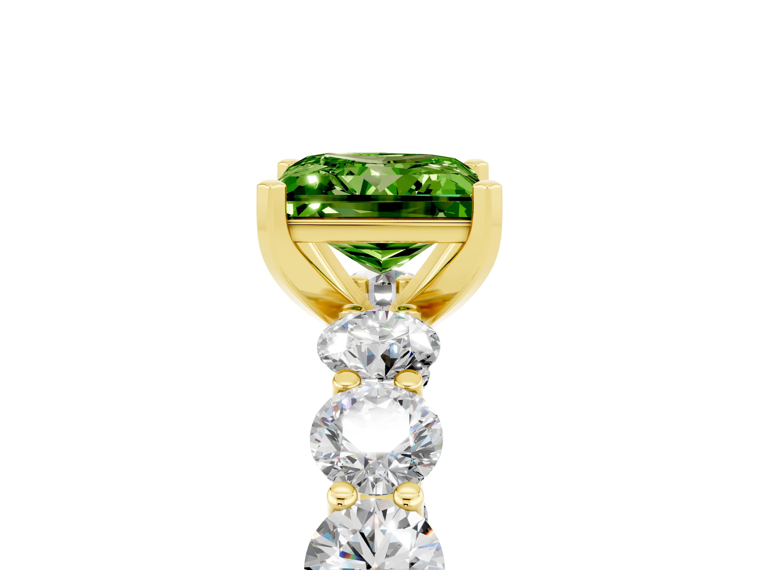 Yellow gold Princess Cut Peridot Prong Setting with Side Stones on a Pave Band_5