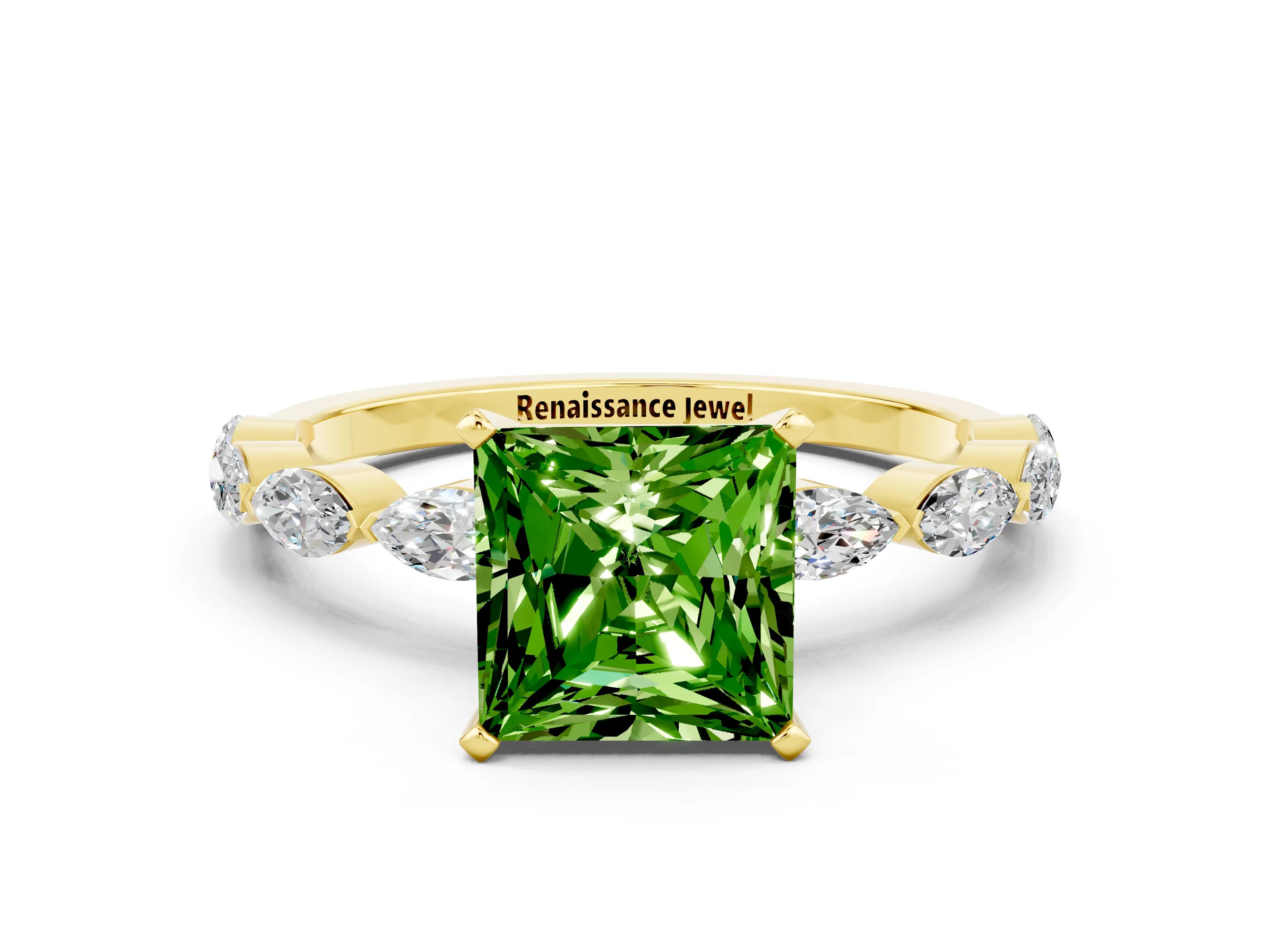 Yellow gold Princess Cut Peridot Ring with Marquise Side Stones and Prong Setting