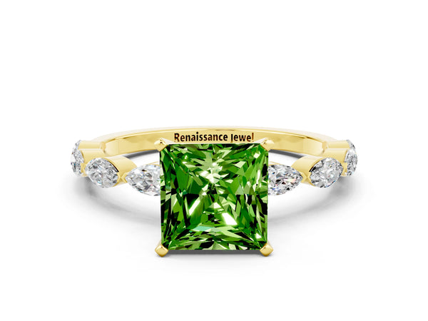 Yellow gold Princess Cut Peridot Ring with Marquise Side Stones and Prong Setting