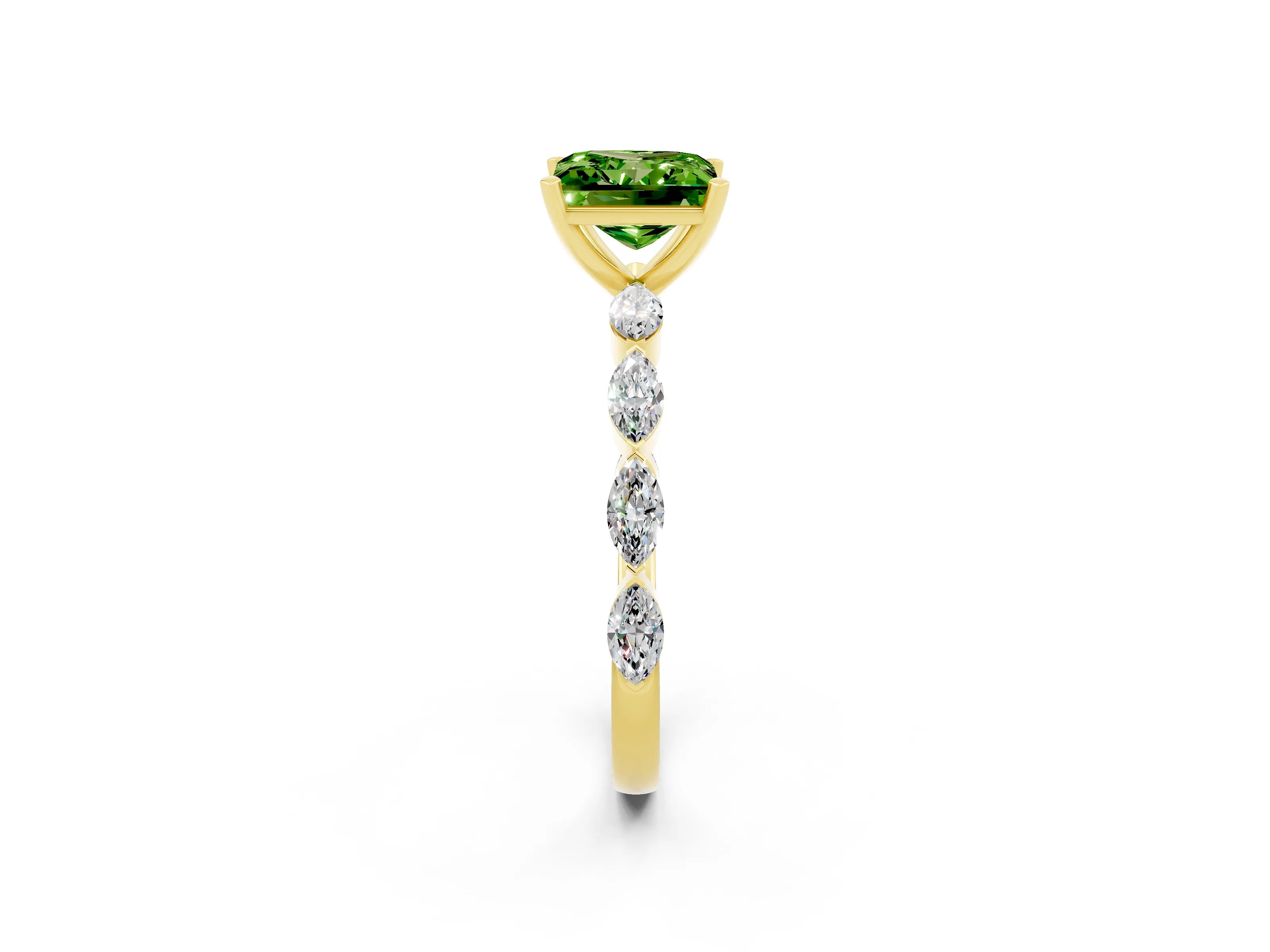 Yellow gold Princess Cut Peridot Ring with Marquise Side Stones and Prong Setting_2