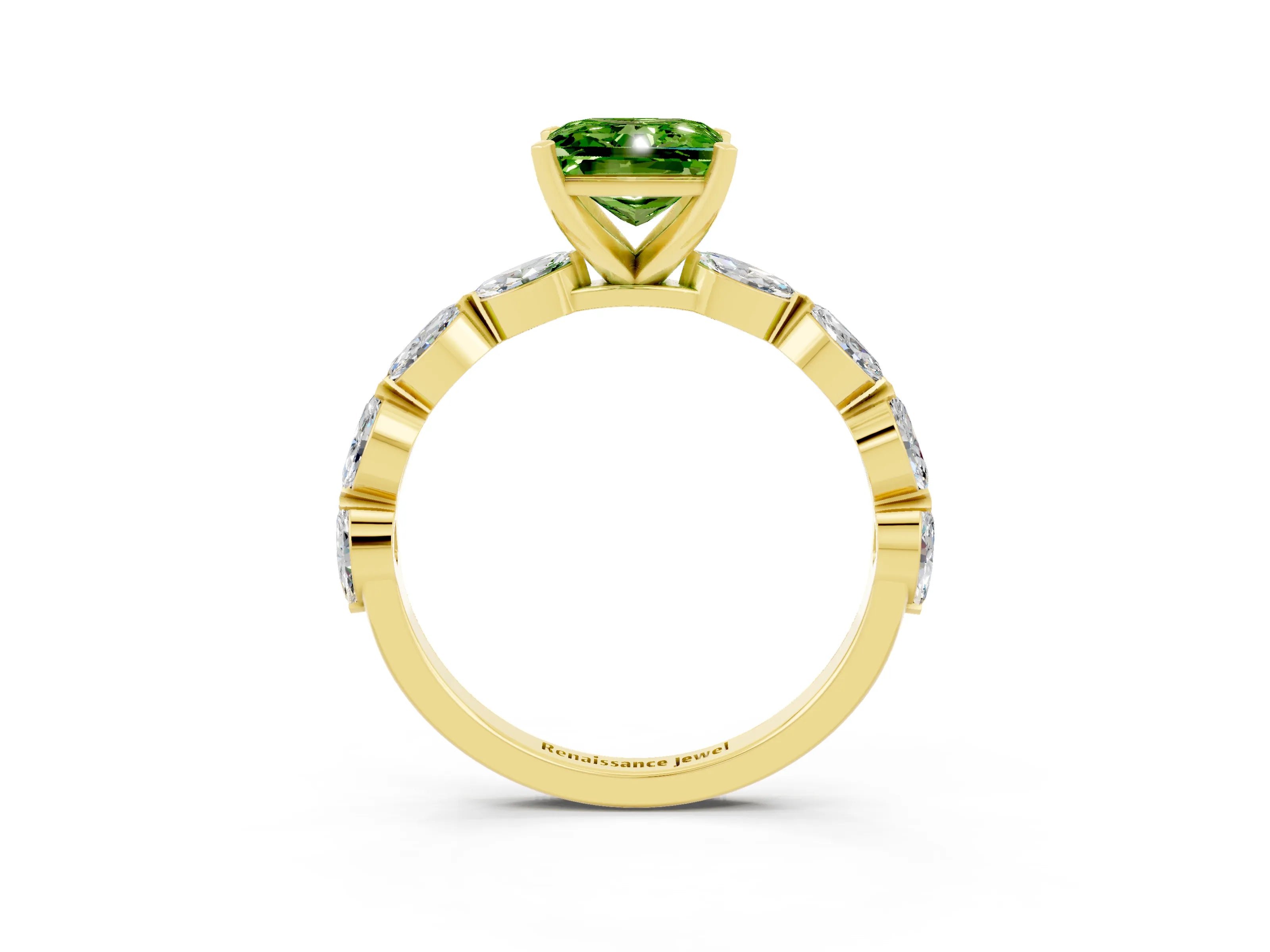 Yellow gold Princess Cut Peridot Ring with Marquise Side Stones and Prong Setting_3