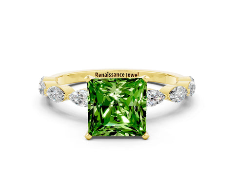 Yellow gold Princess Cut Peridot Ring with Marquise Side Stones and Prong Setting