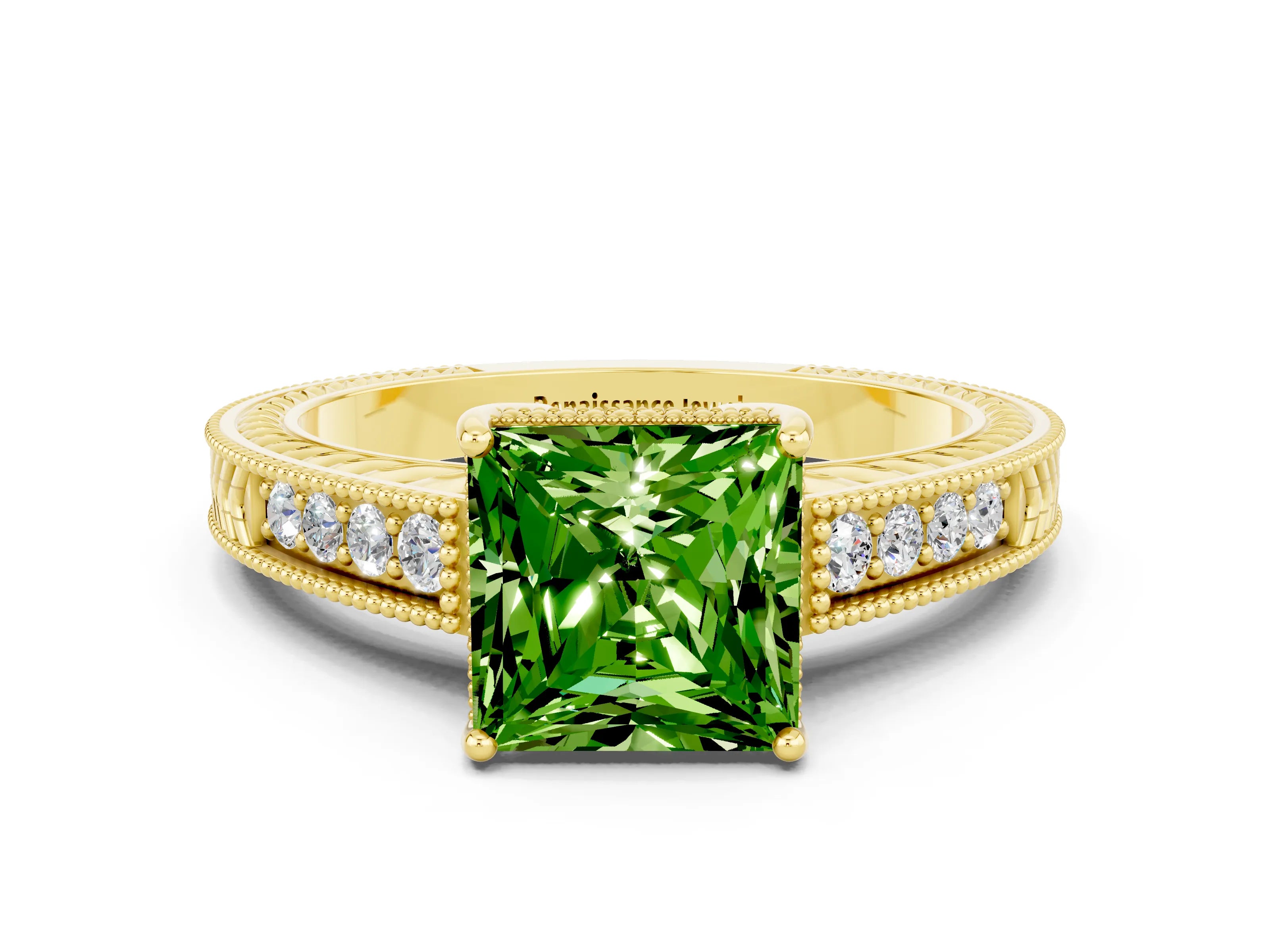 Yellow gold Princess Cut Peridot Ring with Milgrain Pavé Band and Four-Prong Setting_12