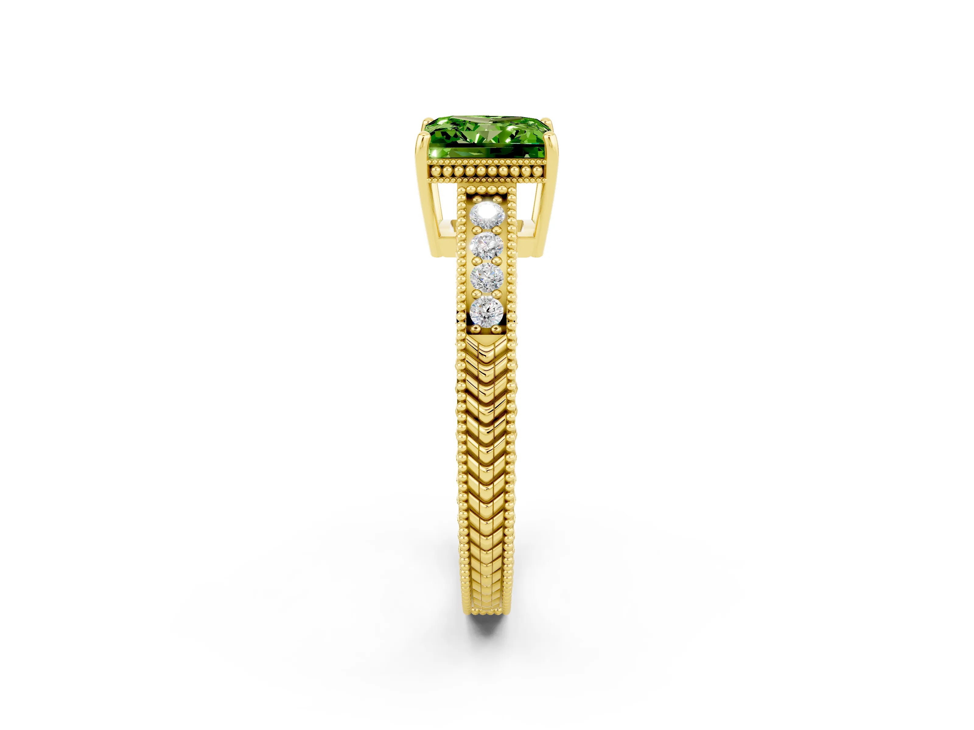 Yellow gold Princess Cut Peridot Ring with Milgrain Pavé Band and Four-Prong Setting_14