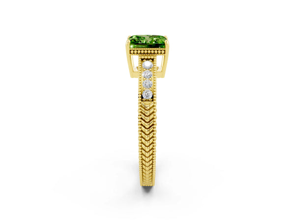 Yellow gold Princess Cut Peridot Ring with Milgrain Pavé Band and Four-Prong Setting