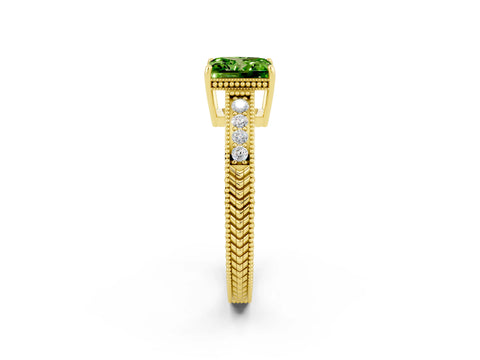 Yellow gold Princess Cut Peridot Ring with Milgrain Pavé Band and Four-Prong Setting_14