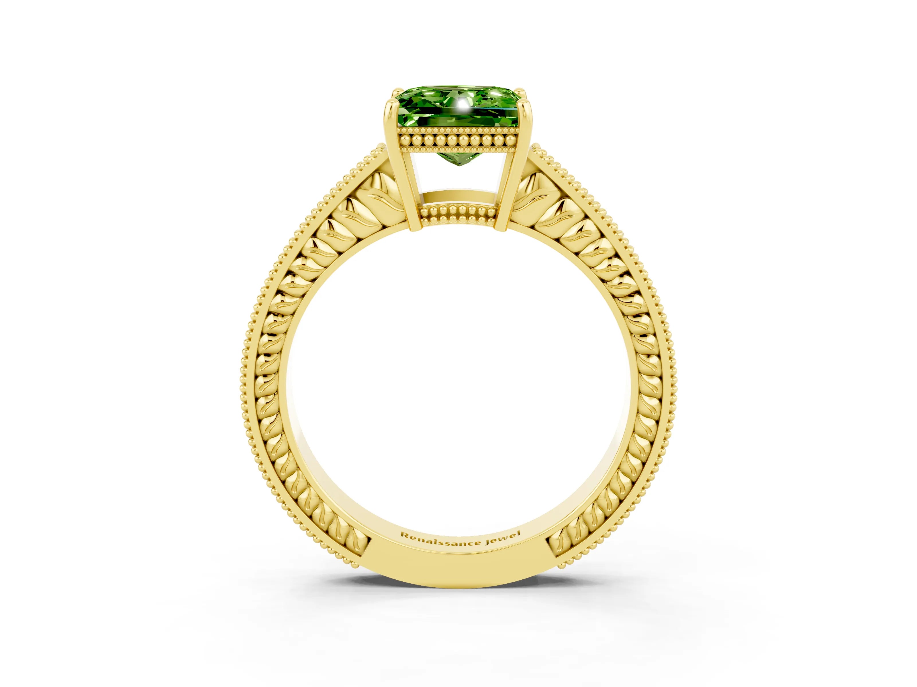 Yellow gold Princess Cut Peridot Ring with Milgrain Pavé Band and Four-Prong Setting_15