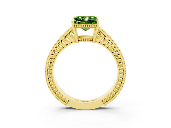Yellow gold Princess Cut Peridot Ring with Milgrain Pavé Band and Four-Prong Setting