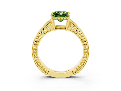 Yellow gold Princess Cut Peridot Ring with Milgrain Pavé Band and Four-Prong Setting_15