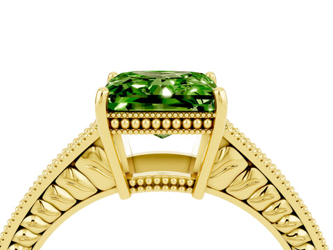 Yellow gold Princess Cut Peridot Ring with Milgrain Pavé Band and Four-Prong Setting_16