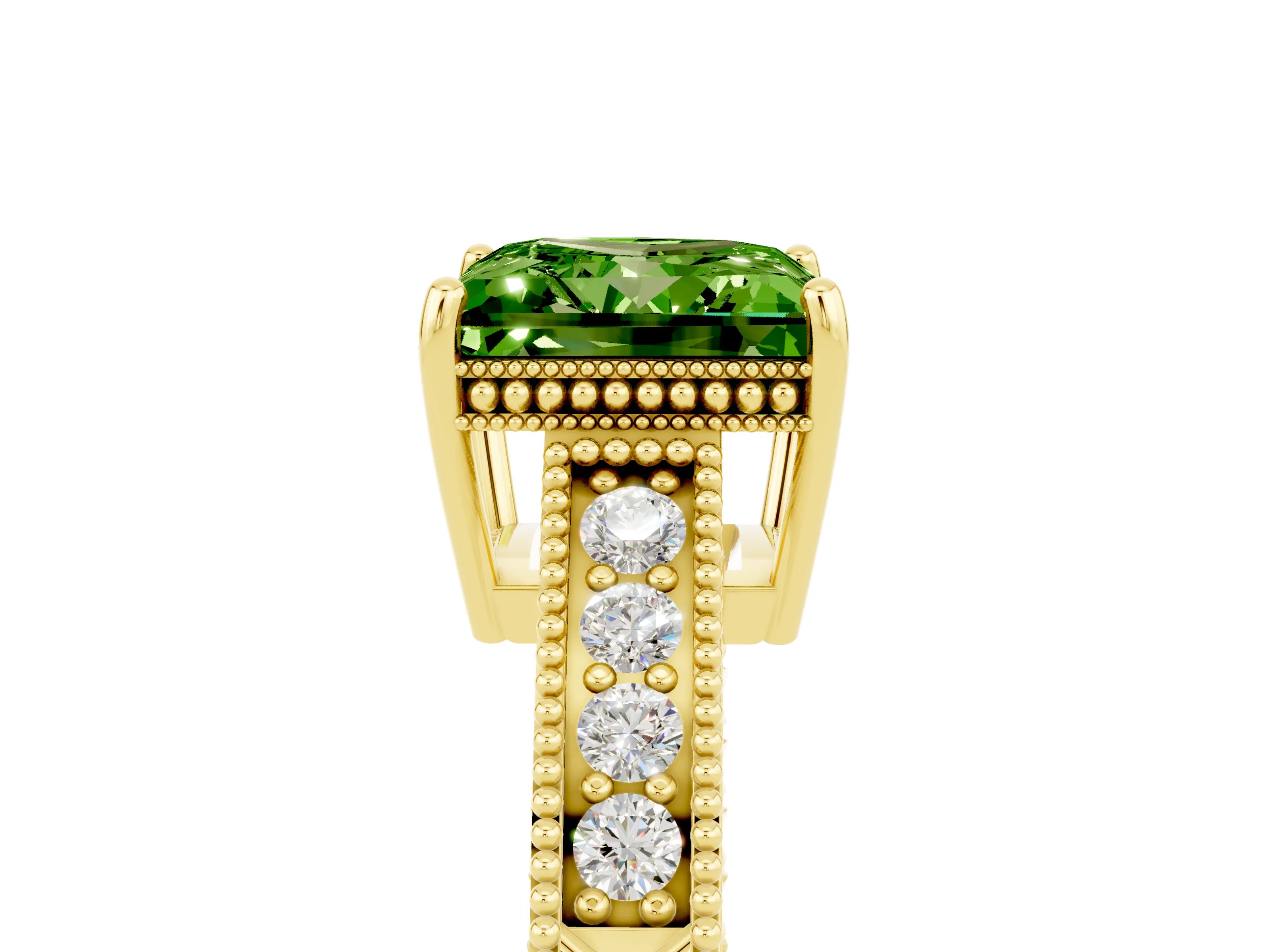 Yellow gold Princess Cut Peridot Ring with Milgrain Pavé Band and Four-Prong Setting_17
