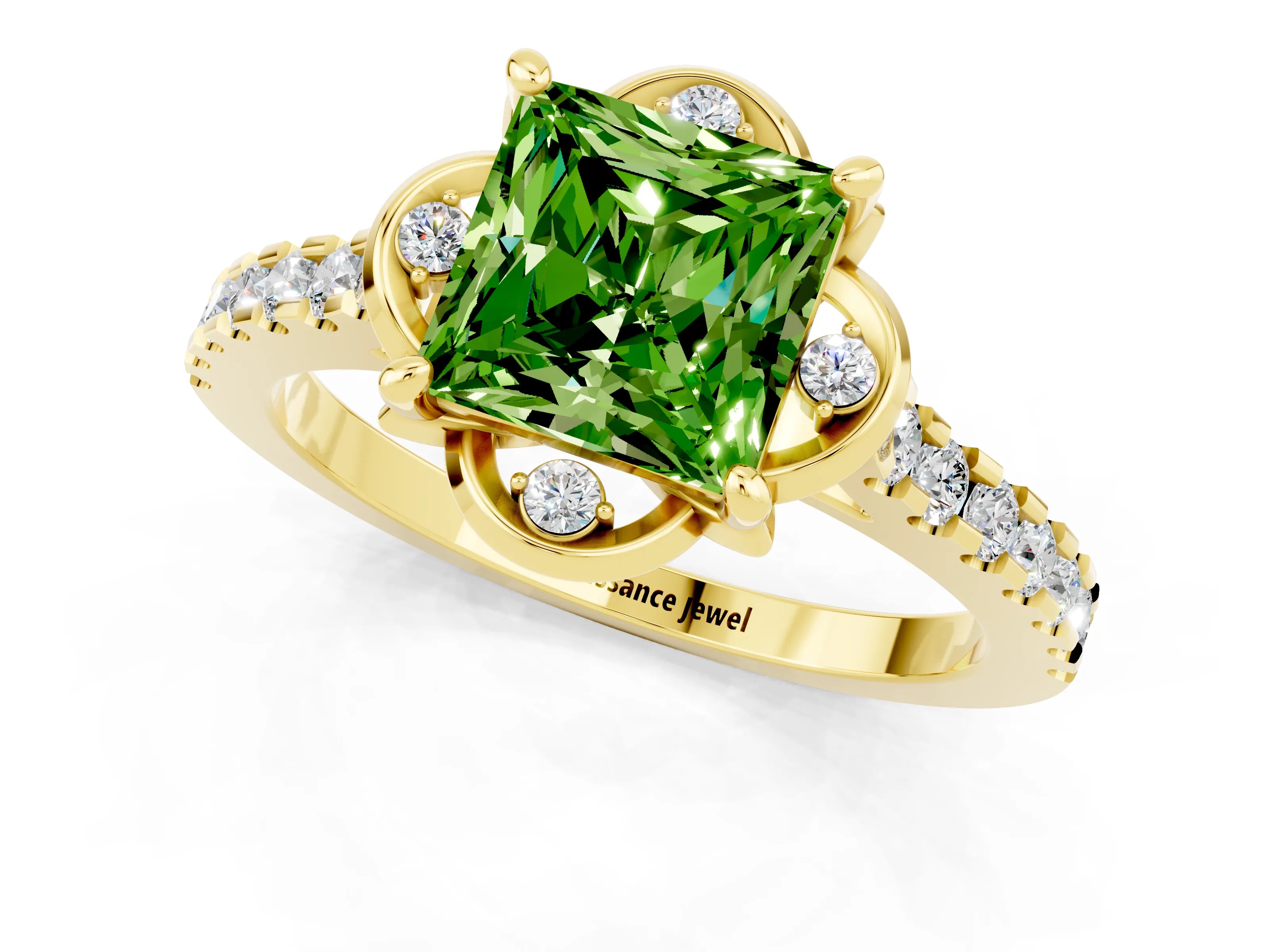 Yellow gold Princess Cut Peridot Ring with Pavé Band and Floral Prong Setting_1