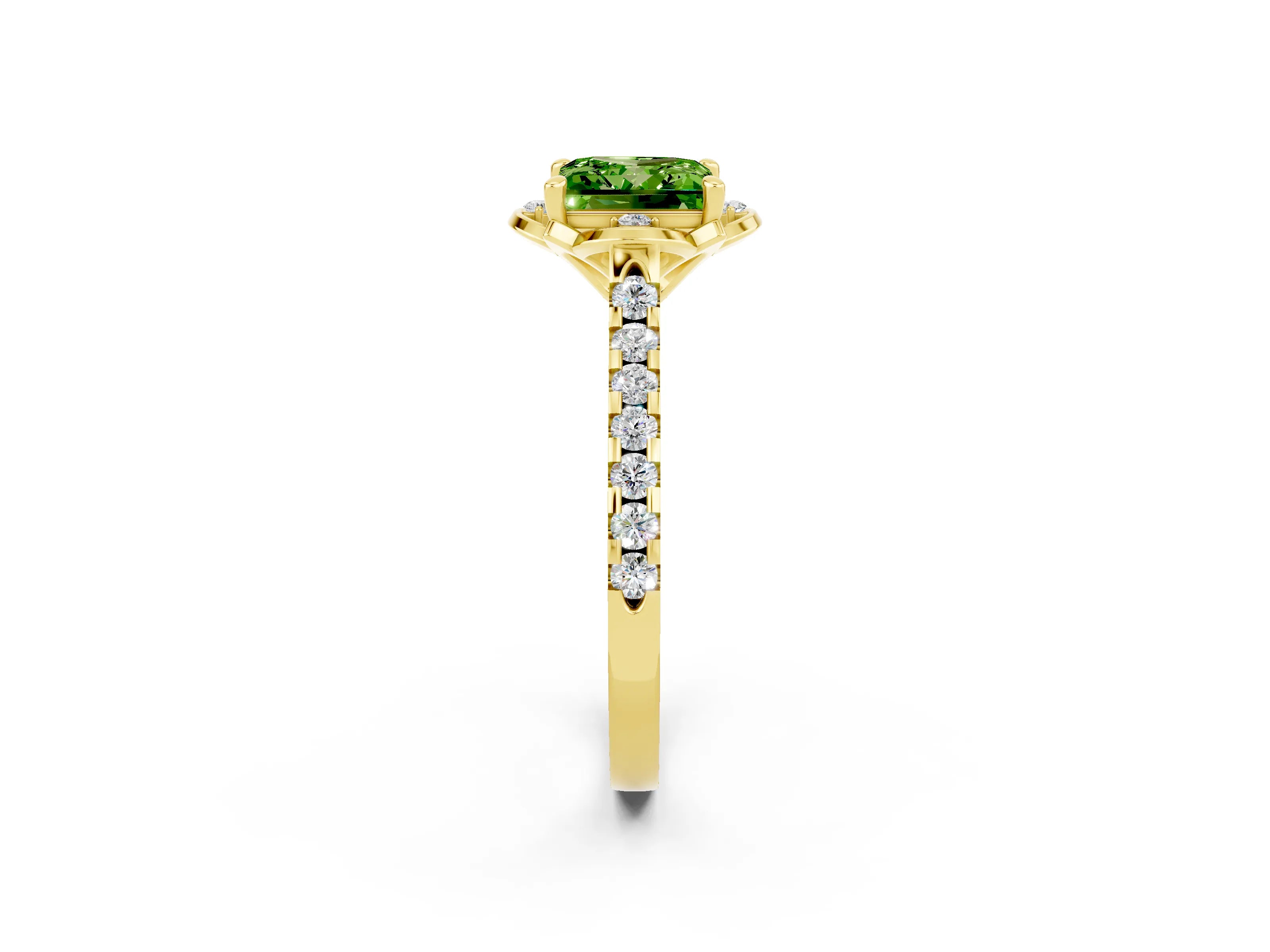Yellow gold Princess Cut Peridot Ring with Pavé Band and Floral Prong Setting_2
