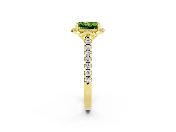 Yellow gold Princess Cut Peridot Ring with Pavé Band and Floral Prong Setting