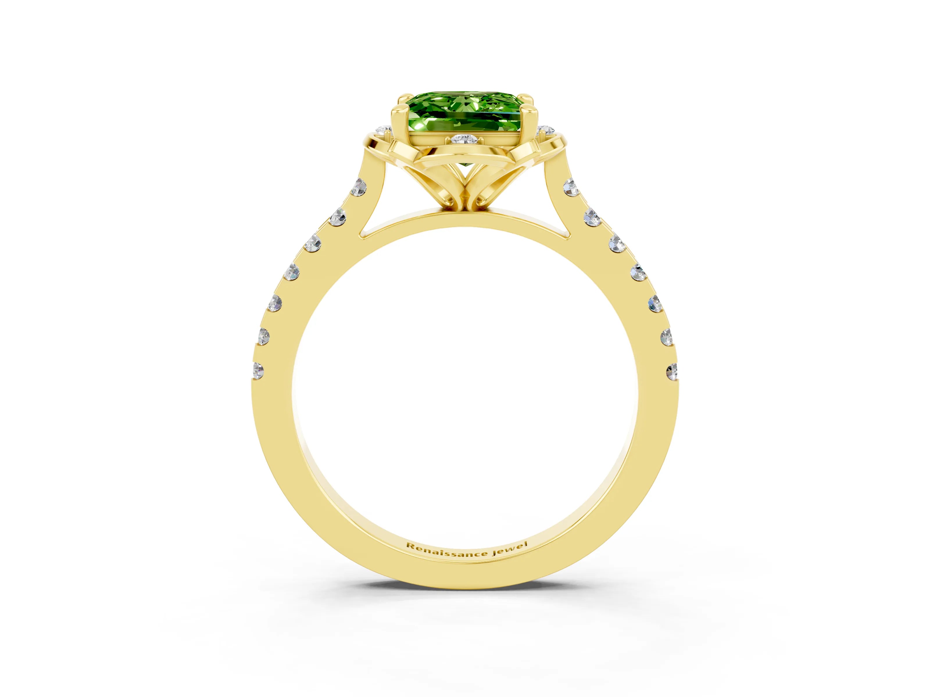 Yellow gold Princess Cut Peridot Ring with Pavé Band and Floral Prong Setting_3