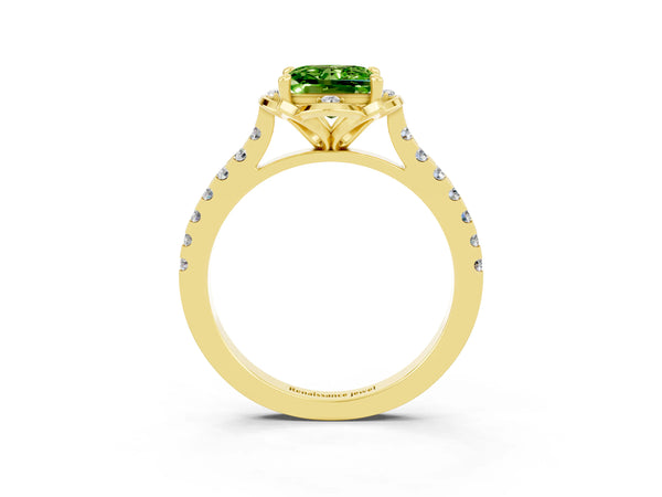 Yellow gold Princess Cut Peridot Ring with Pavé Band and Floral Prong Setting
