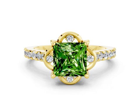 Yellow gold Princess Cut Peridot Ring with Pavé Band and Floral Prong Setting