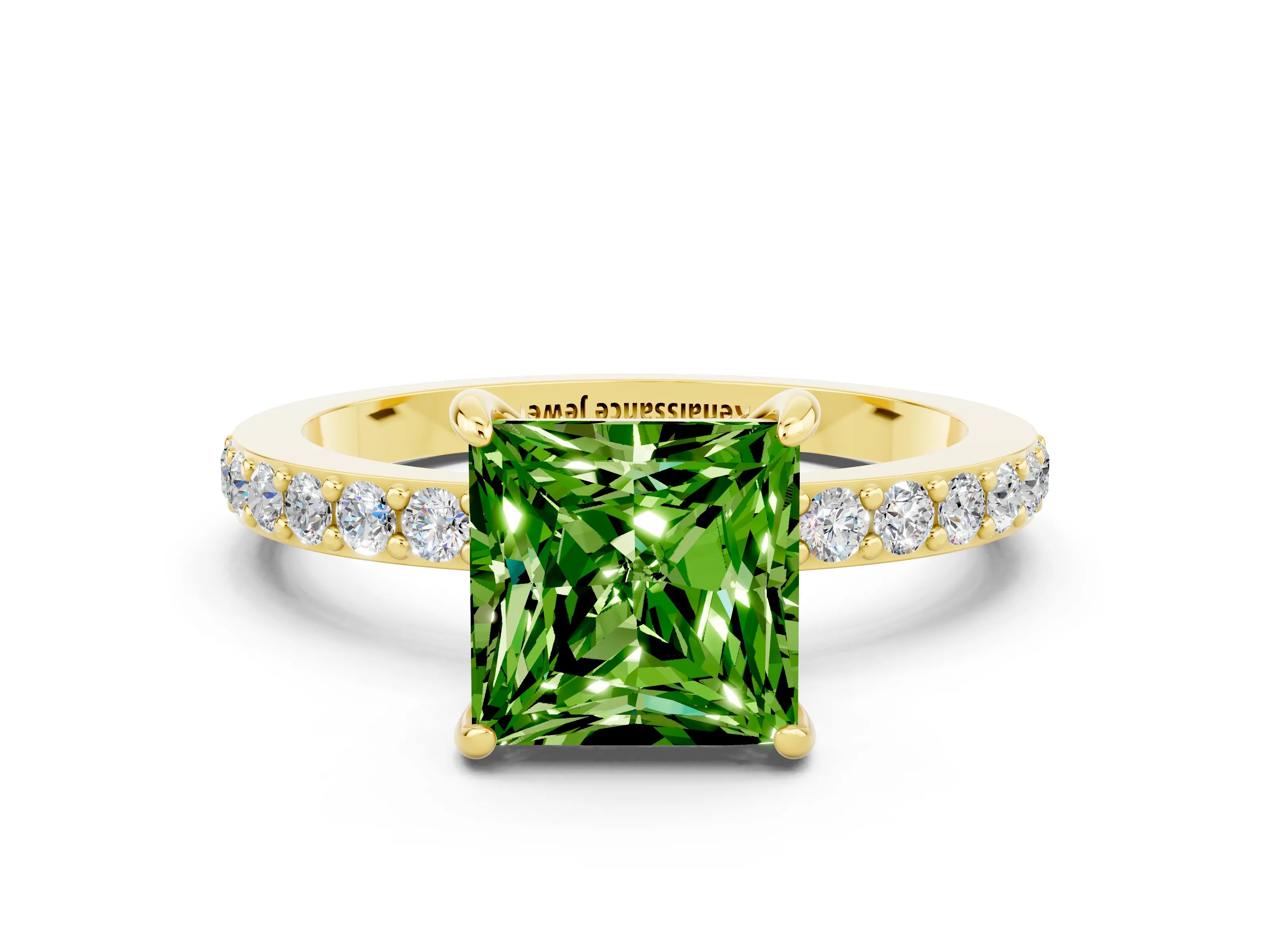 Yellow gold Princess Cut Peridot Ring with Pavé Band and Four-Prong Setting