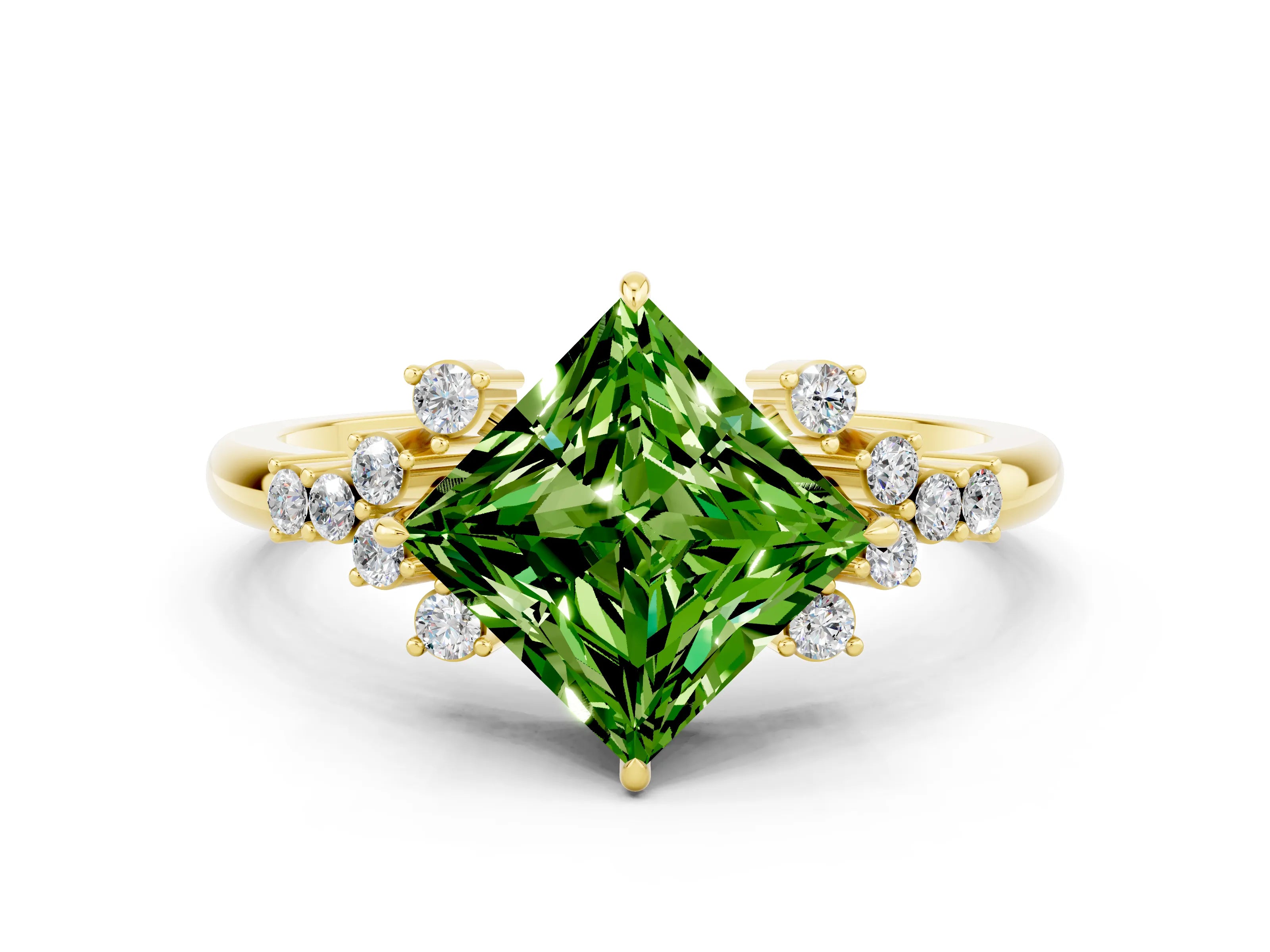Yellow gold Princess Cut Peridot Ring with Side Stones and Four-Prong Setting_36
