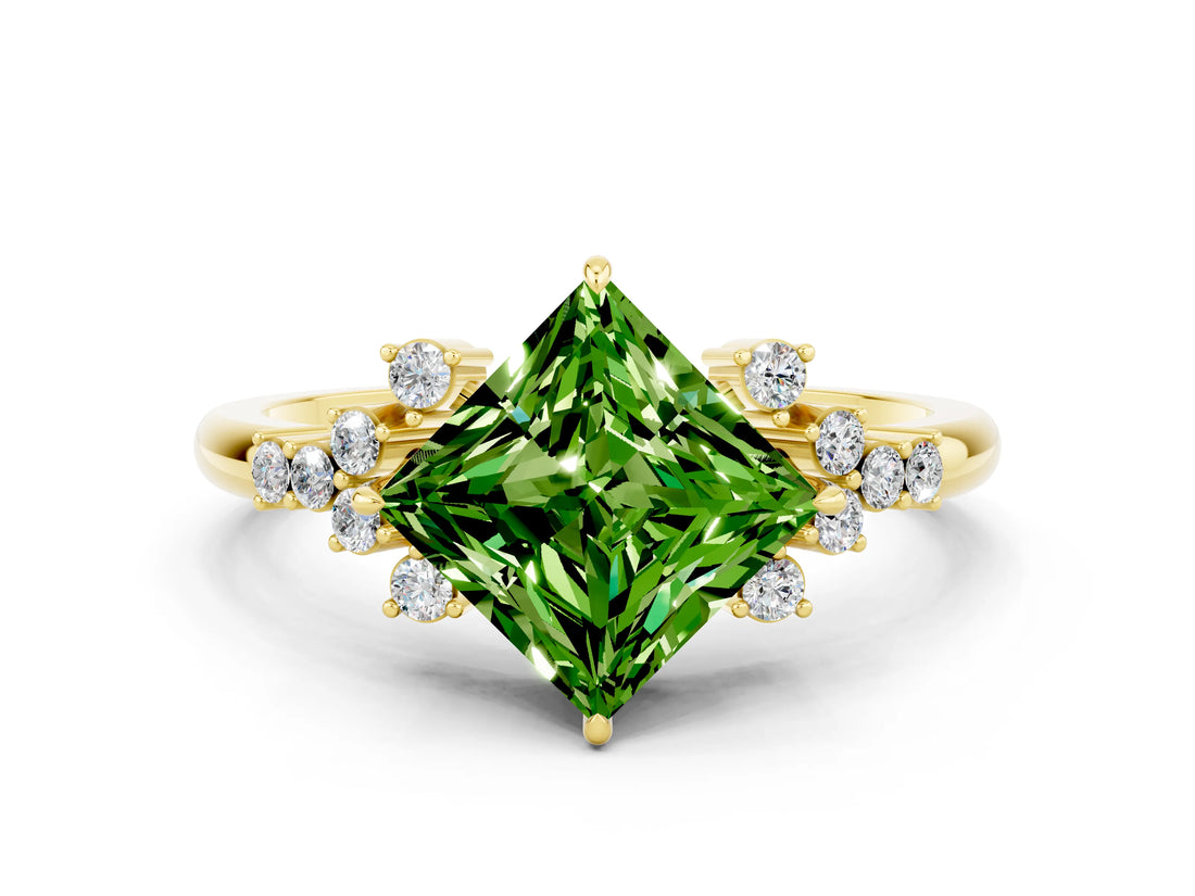 Yellow gold Princess Cut Peridot Ring with Side Stones and Four-Prong Setting_36