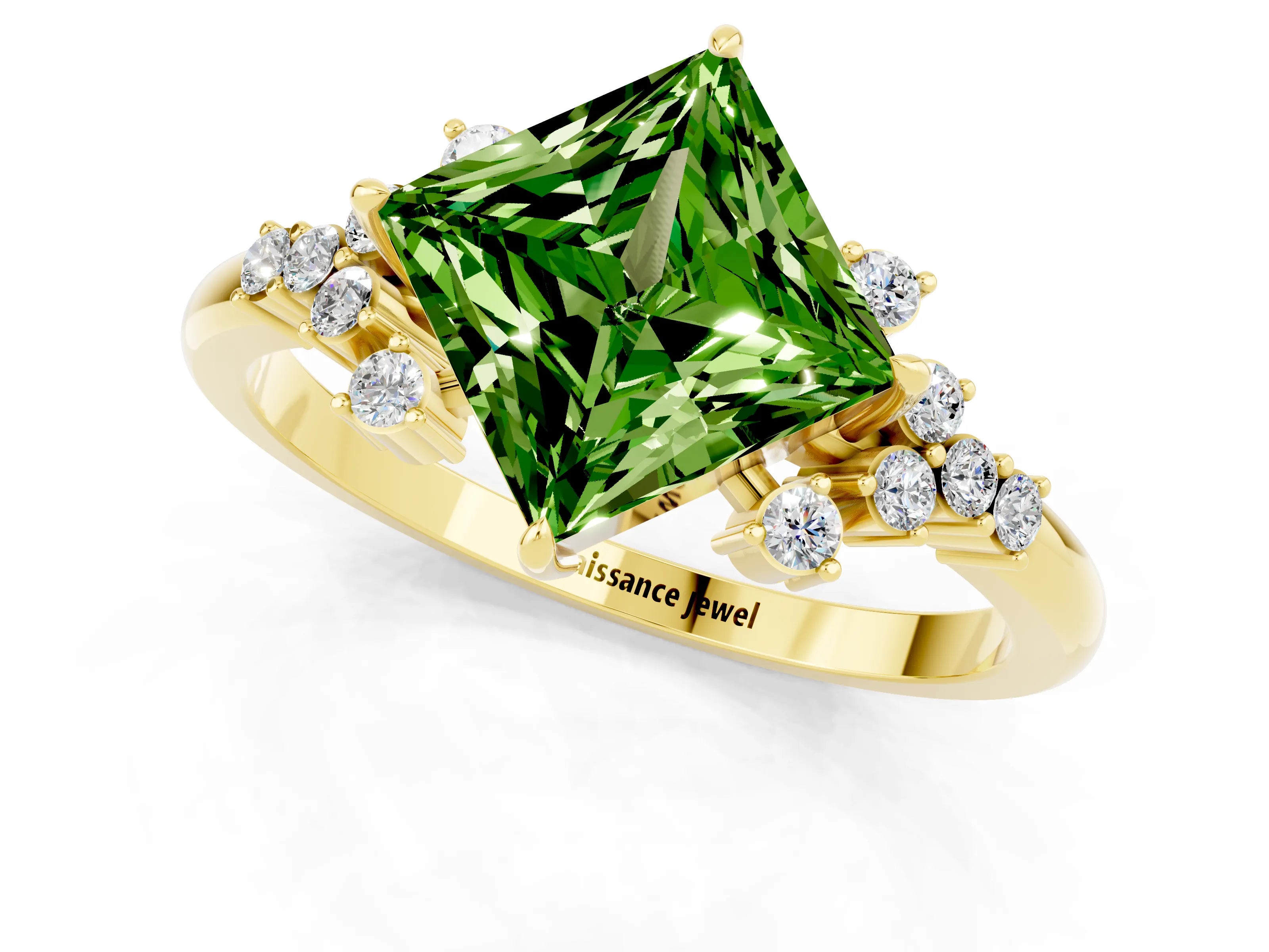 Yellow gold Princess Cut Peridot Ring with Side Stones and Four-Prong Setting_37